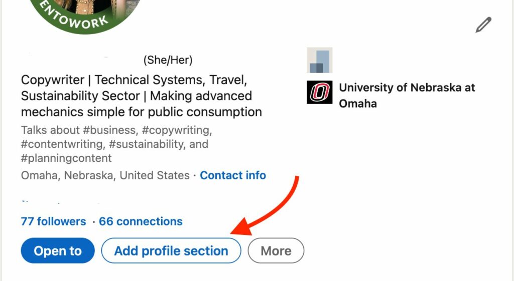 screenshot of add section button linkedin