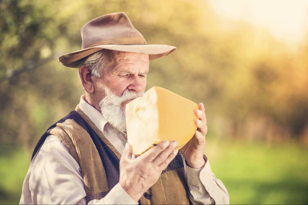 funny farmer smelling and eating block of cheese