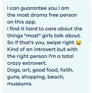 "im drama free" dating profile app bio that is not drama free