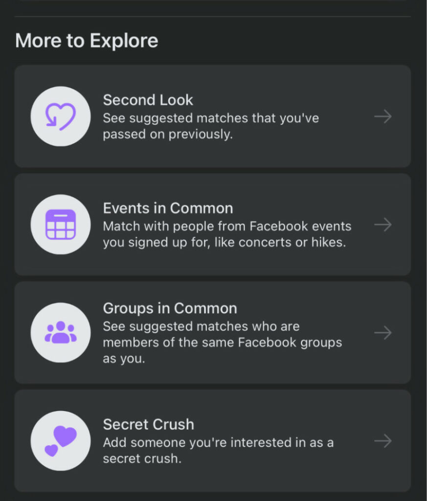 facebook dating features: second look, events in common, groups in common, secret crush