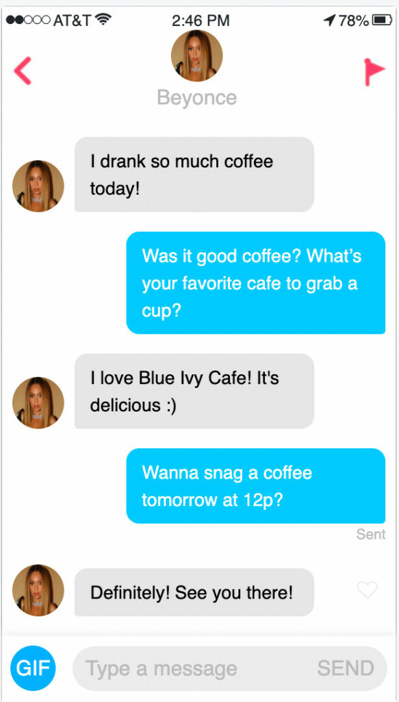 online dating app convo with Beyonce, fake tinder conversation