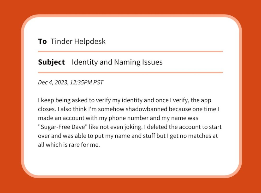 Tinder helpdesk email about wrong tinder name