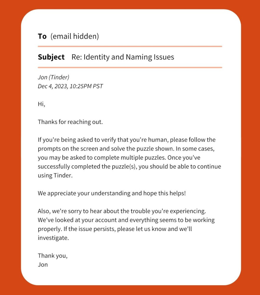 Tinder helpdesk followup response email