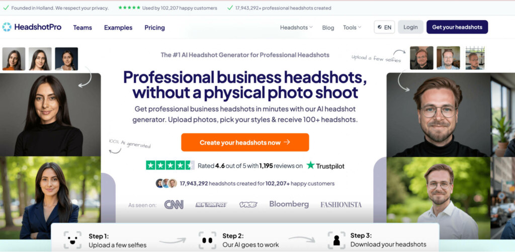 headshot pro landing page- ai headshot generator