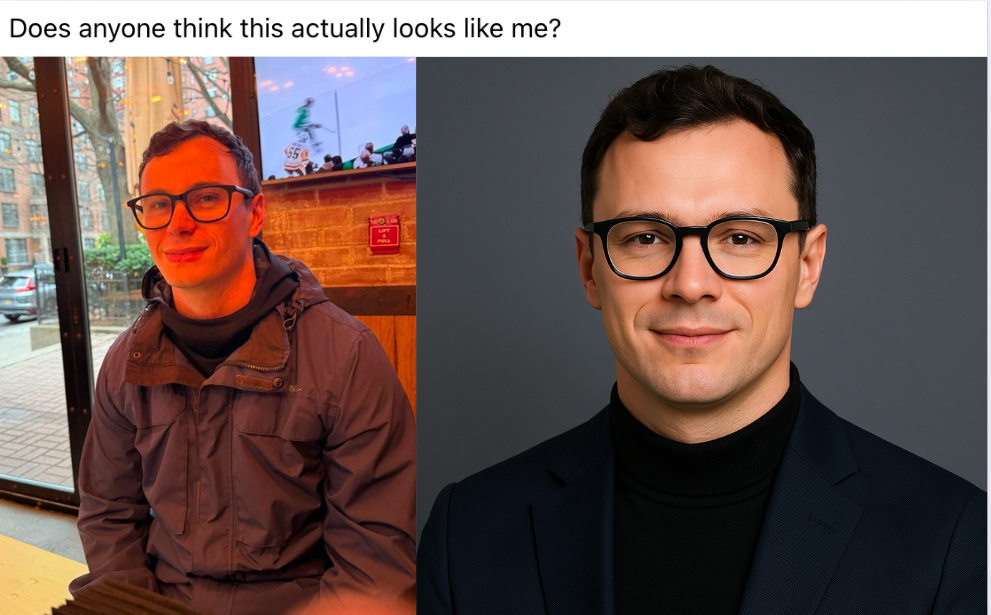 AI Headshots before and after, man's tweet about comparison