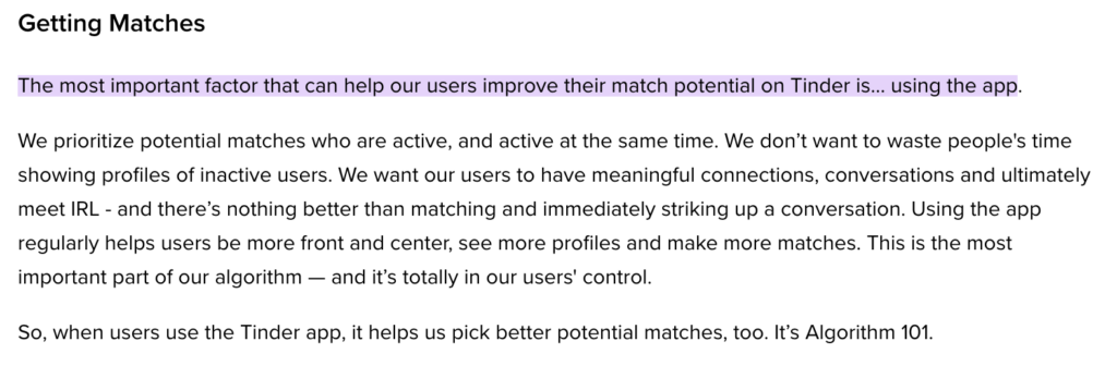 Tinder's help center answer about getting matches
