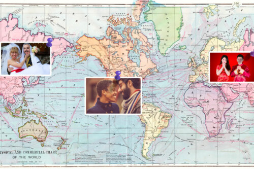 International couples around the world on world map