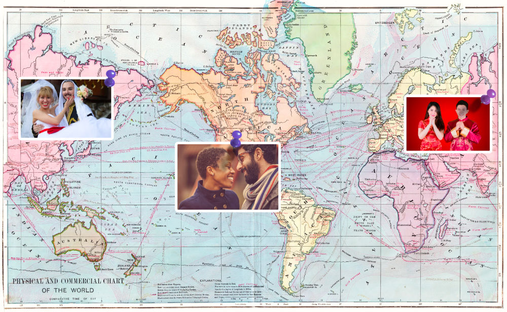 International couples around the world on world map