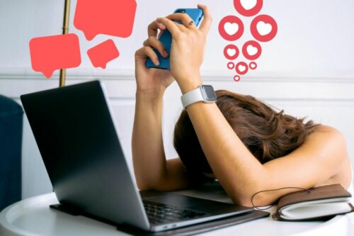 woman overwhelmed at dating app notifications on her phone, tinder, hinge, bumble