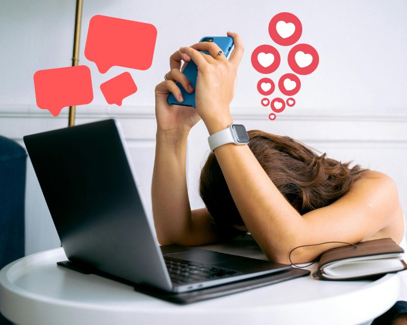 woman overwhelmed at dating app notifications on her phone, tinder, hinge, bumble