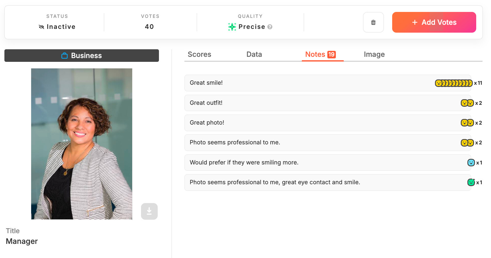 business test results screenshot and Photofeeler comments